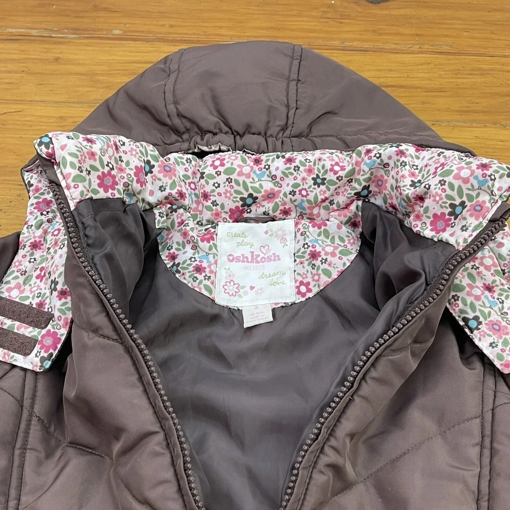 Oshkosh Girls Winter Peacoat Brown/Pink Size 4 Hooded Jacket‎ Removable Hood